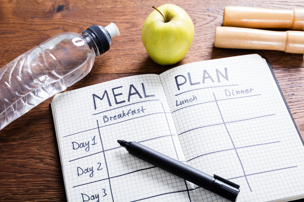 Meal plan journal with a pen along with an apple and a bottle of water
