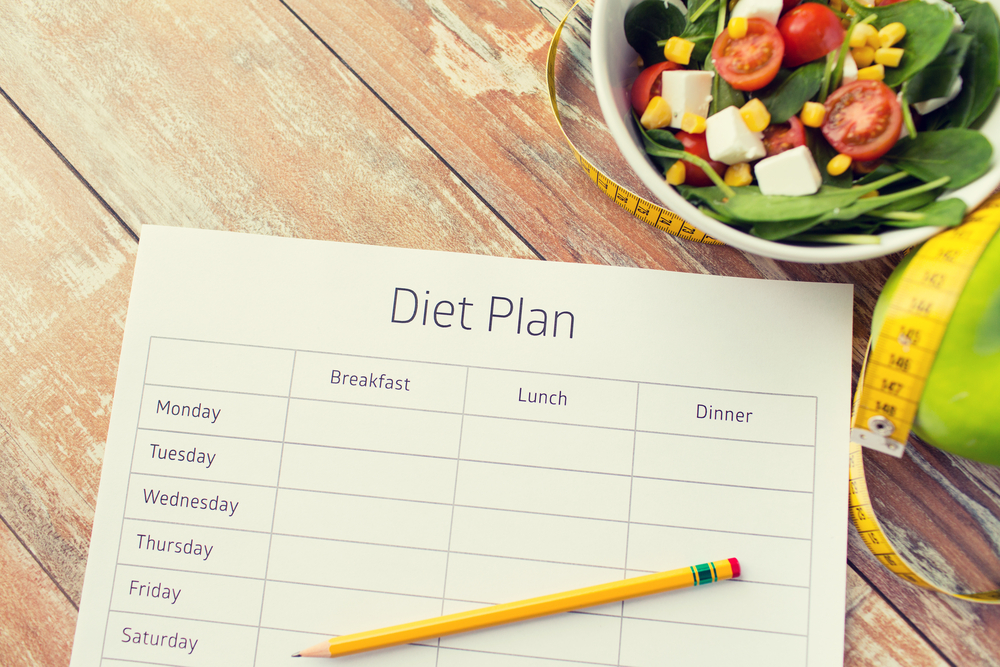 Diet plan with pencil, salad and tape measure